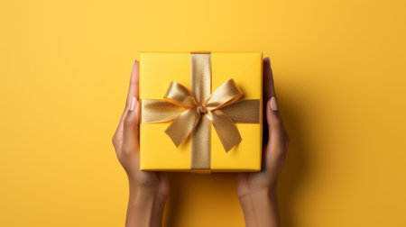 Generative AI Flat lay composition for happy birthday party. Minimalist greeting card. Women's hands hold a yellow gift box with a satin bow on a yellow background. top viewの素材