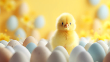 Generative AI Easter concept. A charming little yellow chicken among Easter eggs. A greeting card. yellow backgroundの素材