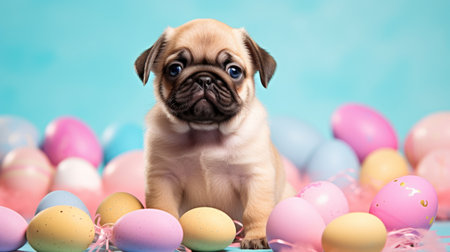 Generative AI concept of Catholic Easter and pets. A charming pug puppy with colored Easter eggs. front view. Blue background with dog. greeting cardの素材