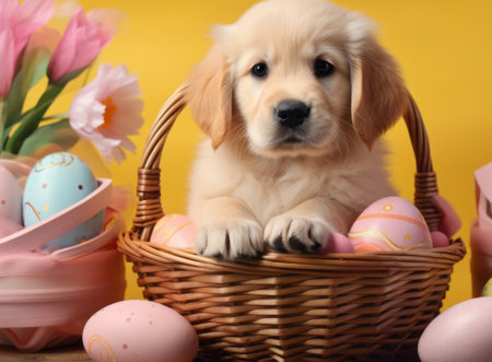 Generative AI concept of Catholic Easter and pets. A charming golden retriever puppy in a wicker basket full of colored Easter eggs. front view. Yellow background with dog. greeting cardの素材