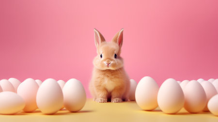 Generative AI one small red rabbit with eggs on a pink minimalistic studio background. Charming pet rodent. front view portrait. easter bunny conceptの素材
