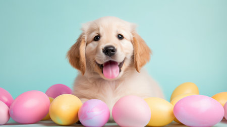 Generative AI concept of Catholic Easter and pets. A charming happy golden retriever puppy with colored Easter eggs. front view. Blue background with dog. greeting cardの素材