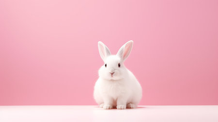 Generative AI small white rabbit on a pink minimalistic studio background. Charming pet rodent. front view portrait. easter bunny conceptの素材
