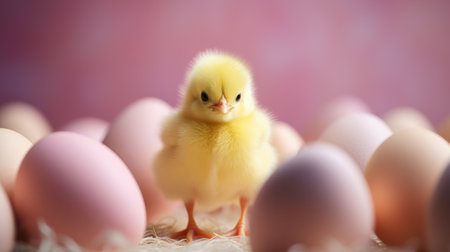 Generative AI Easter concept. A charming little yellow chicken among Easter eggs. A greeting card. pink background.の素材