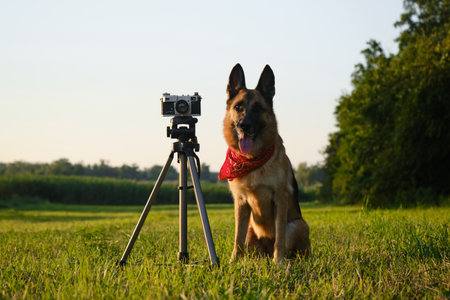 Concept pets look like people. Dog professional photographer with vintage film photo camera on tripod. German Shepherd wears red bandana at sunset in summer. front viewの写真素材