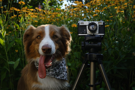 Concept pets look like people. Dog professional photographer with vintage film photo camera on tripod. Australian Shepherd wears white bandana with paws in summer near yellow flowers. front viewの写真素材