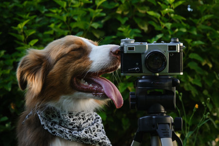 Concept pets look like people. Dog professional photographer with vintage film photo camera on tripod. Australian Shepherd wears white bandana with paws in summer. front view close up portraitの写真素材