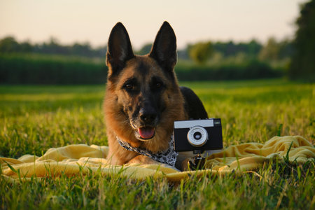 Concept pets look like people. Dog professional photographer with vintage film photo camera on tripod. German Shepherd lies on yellow blanket at sunset in summer. Dog wears white bandana with pawsの写真素材