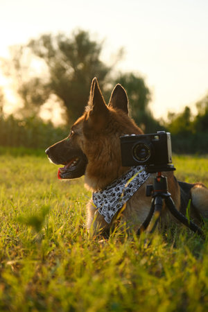 Concept pets look like people. Dog professional photographer with vintage film photo camera on tripod. German Shepherd in green grass at sunset in summer. Dog wears white bandana with pawsの写真素材