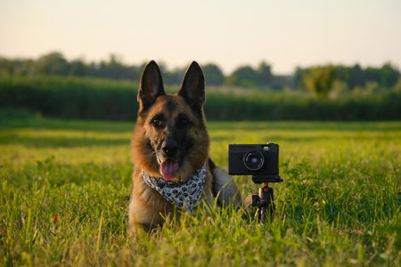 Concept pets look like people. Dog professional photographer with vintage film photo camera on tripod. German Shepherd in green grass at sunset in summer. Dog wears white bandana with pawsの写真素材