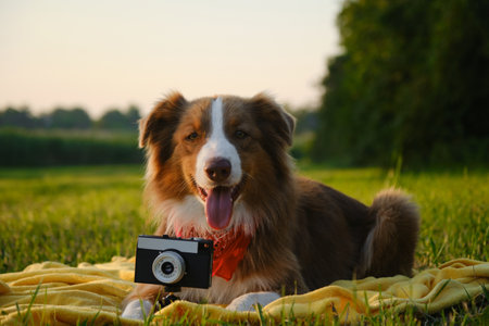 Concept pets look like people. Dog professional photographer with vintage film photo camera. Brown Australian Shepherd lies on yellow blanket at sunset in summer. Aussie red tricolor outsideの写真素材