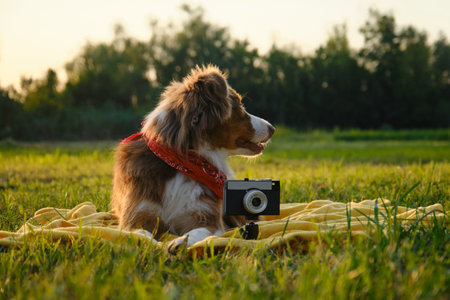 Concept pets look like people. Dog professional photographer with vintage film photo camera. Brown Australian Shepherd lies on yellow blanket at sunset in summer. Aussie red tricolor outsideの写真素材