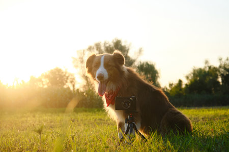 Concept pets look like people. Dog professional photographer with vintage film photo camera on tripod. Brown Australian Shepherd sits in green grass at sunset in summer. Aussie red tricolor outsideの写真素材