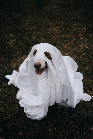 The dog dressed up and celebrates Halloween as a person. A Brown Australian shepherd in a ghost costume made of a white sheet. Trick or treat concept. Top view. Happy aussie puppyの写真素材