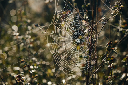Dew on cobweb on blurred background of plants in the autumn. Spider web with water drops in morning...