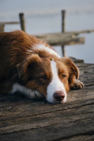 Beautiful purebred dog lies on a wooden pier on a foggy autumn morning over a lake or river. Australian Shepherd poses and sad. A peaceful landscape and a pet. Sad muzzle, the trick is sad head.の写真素材