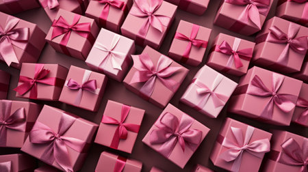 Pink Christmas gift boxes. Minimalistic festive background, horizontal web banner. A cardboard box with a surprise inside with a satin ribbon and a bow. Generative AIの素材