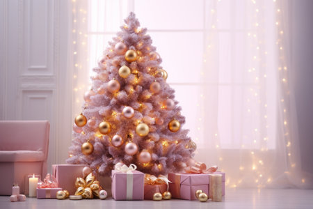 Modern trendy pink Christmas tree with toys balls in a minimalist glamor interior, pastel colors. Golden ornaments and garlands. Boxes with gifts under the Christmas tree. Generative AIの素材