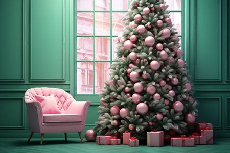 A beautiful Christmas tree in trendy green and pink colors with ball toys in a cozy interior. The apartments are decorated for the new year. Boxes with gifts. Generative AIの素材