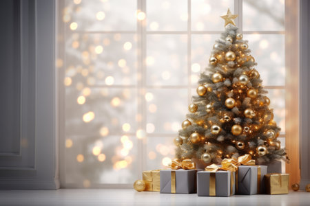 Christmas tree with golden ball toys in a modern stylish interior. Trendy Christmas colors. Boxes with surprise gifts. Bright yellow bokeh from garlands. Generative AIの素材