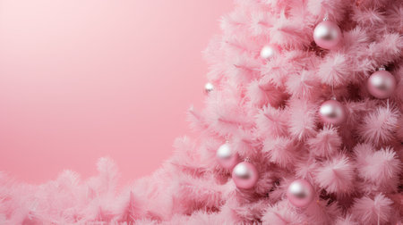 Fluffy pink Christmas with balls toys on pink wall background with copy space. A greeting card for the new year. Trendy modern colors. Generative AIの素材