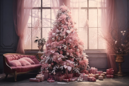 Modern pink Christmas tree with toys balls in a minimalist glamor interior, pastel colors. Winter landscape outside the window. Boxes with gifts. Generative AIの素材