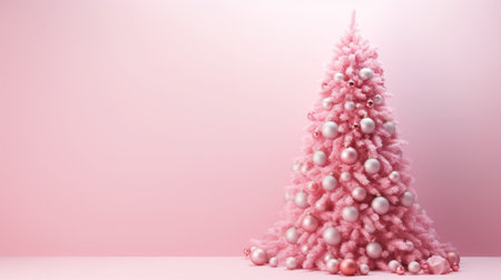 Fluffy pink Christmas with balls toys on pink wall background with copy space. A greeting card for the new year. Trendy modern colors. Generative AIの素材