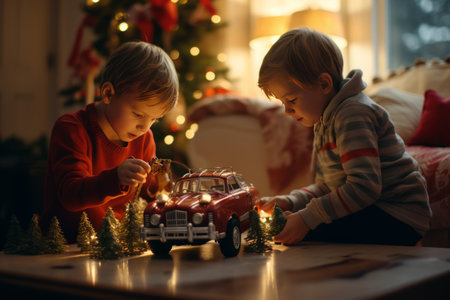 Winter holidays concept. Generative AI. Happy childhood. White-haired European little brothers boys play with toy cars near the Christmas treeの素材