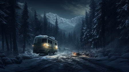 Concept of auto travel during winter holiday season.の素材