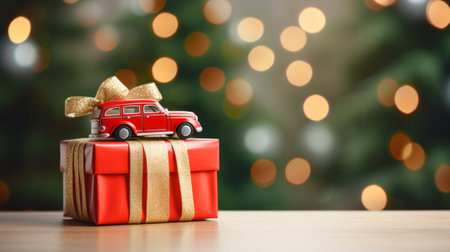A toy old vintage retro red car on a wooden table with a gift box and a Christmas tree. Christmas New Year greeting card. Creative design with a toy car. Generative AIの素材