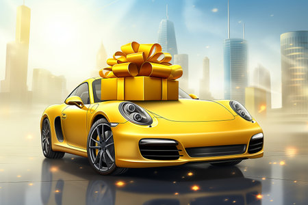 Beautiful modern yellow shiny car in the city with gift boxes with bows. Sale and promotion at the dealership. Creative postcard for the holiday. Generative AIの素材