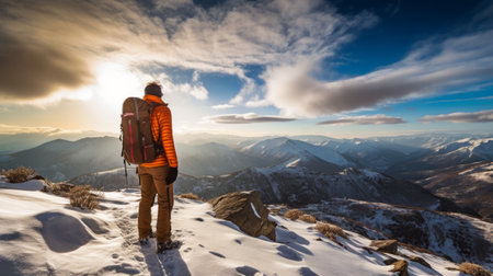 Male tourist went hiking in the mountains in the winter season. Beautiful views of nature. Solo hike. A guy with a big backpacker is traveling. Rear view. Generative AIの素材