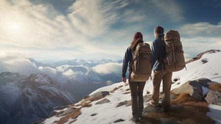 Couple tourists went hiking in the mountains in the winter season. Beautiful views of nature. Guy and girl with a big backpackers are traveling. Outdoor activities concept. Rear view. Generative AIの素材