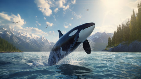 A killer whale jumps out of the water in the middle of the ocean. The strength and power of a large predatory dangerous dolphin. Marine inhabitants. Generative AIの素材