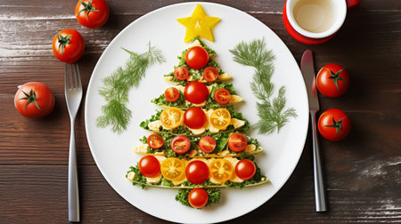 Creative table setting for the holiday, a Christmas tree made of food. Omelet with Tomatoes, fresh herbs on a plate and hot tea next to it. Wooden table, top viewの素材