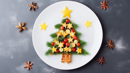 Creative table setting for the holiday, a Christmas tree made of food. Vegetables and cheese stars on a plate. Fir branches are nearby. Stone table, top viewの素材