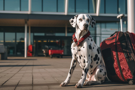 The dog is at the airport next to the luggage waiting for his flight. The pet moves to another city and country, traveling with his best friend. Cute spotted Dalmatian. Generative AIの素材