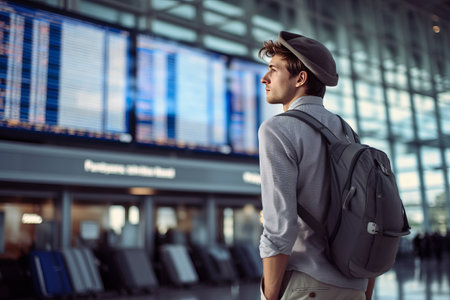 The concept of tourism and travel. Generated by AI. A young guy in casual clothes and a hat on his head is waiting for his plane at the airport. The man went on a business trip for workの素材