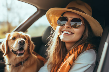 The concept of adventure and road trips by car with a dog. A young happy woman with a golden retriever went on vacation. Generated by AI. Happiness and a carefree lifestyleの素材