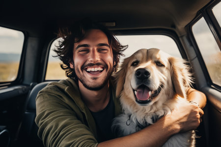 The concept of adventure and road trips by car with a dog. A young happy man with a golden retriever went on vacation. Generated by AI. Happiness and a carefree lifestyleの素材