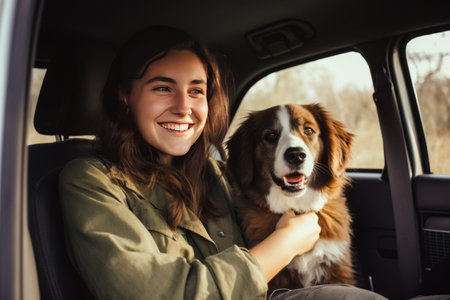 The concept of adventure and road trips by car with a dog. A young happy woman with a pet went on vacation. Generated by AI. Happiness and a carefree lifestyleの素材