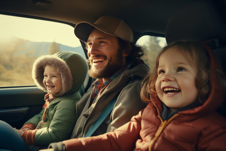 The concept of adventure and road trips by car. Generated by AI. A man with two small children went on vacation. Father the kids spend time togetherの素材
