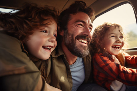 The concept of adventure and road trips by car. Generated by AI. A man with two small children went on vacation. Father the kids spend time togetherの素材