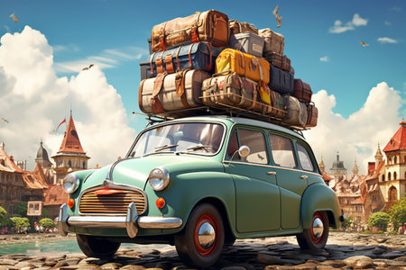 Travel, vacation concepts. Generative AI. An old retro blue car with suitcases on the roof. Moving or a road trip. Cartoon styleの素材