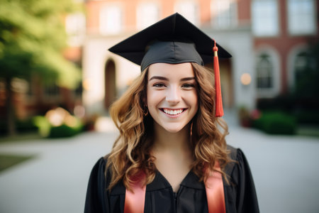 A young beautiful graduate American girl in a robe and hat portrait close-up, just graduated from high school or college. Generated by AI. Excellence in education and academic achievemenの素材
