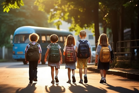 Back to school concept. Generated by AI. A group of schoolchildren goes to the bus stop to get on the bus and go to school. Rear viewの素材