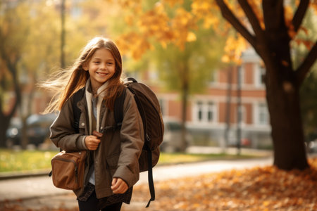 Back to school concept. Generated by AI. One girl walks through the autumn park wearing suit. Kid goes to school or home after class. Front viewの素材