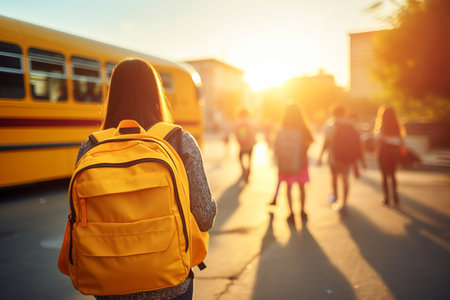 Back to school concept. Generated by AI. A group of schoolchildren goes to the yellow bus stop to get on the bus and go to school. Rear viewの素材