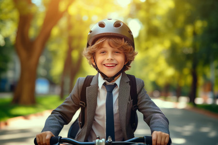 Back to school concept, generated by AI. One schoolboy boy rides a bicycle in the summer park. A child with a helmet on his head goes to school or home after classの素材
