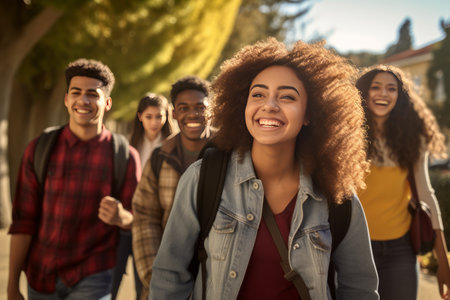 Back to school concept. Generated by AI. A group of happy schoolchildren go to high school. Front view. Best friends are boys and girls classmates students with backpacks go to collegeの素材